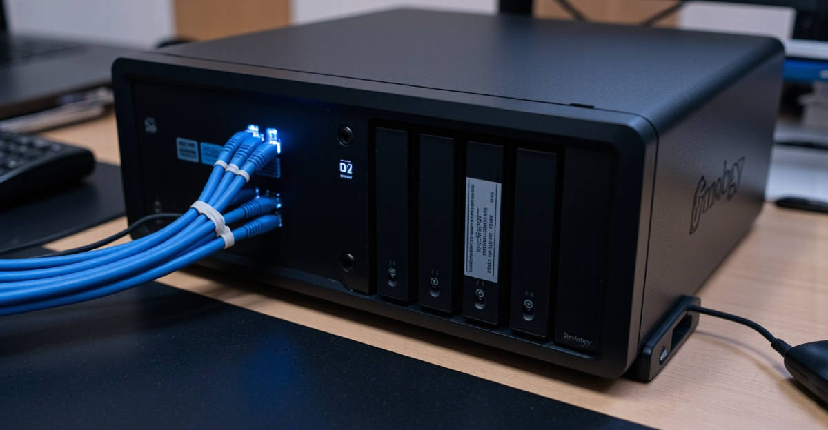 NAS Synology ou QNAP moderne avec disques installés et câbles réseau