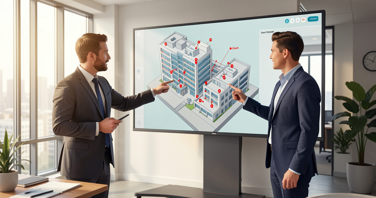 Architecte et ingénieur analysant un modèle 3D Navisworks avec détection de conflits sur écran