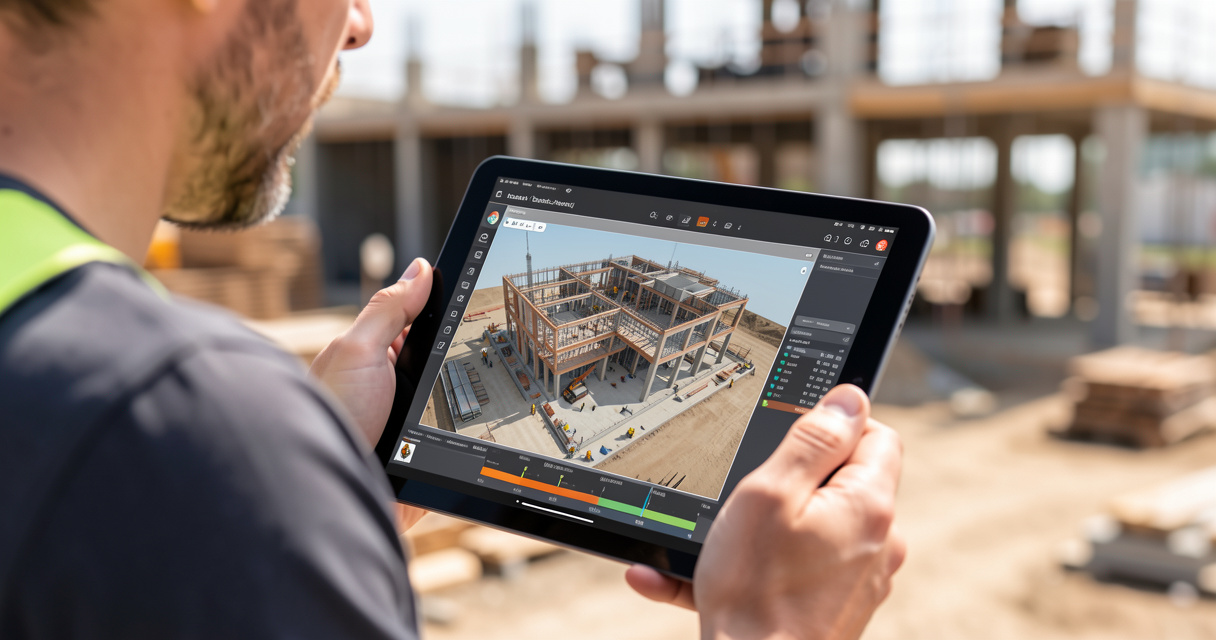Chef de projet visualisant une simulation 4D de chantier sur tablette avec Navisworks