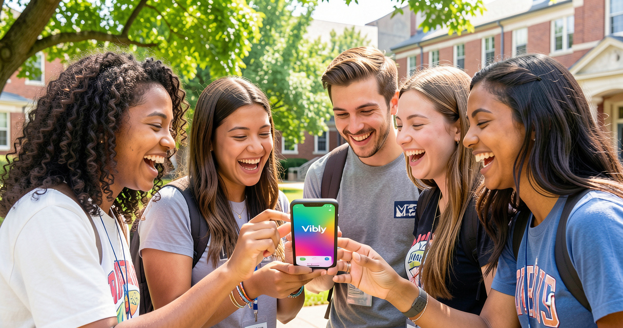 Groupe d'étudiants utilisant Vibly sur smartphone pour organiser la vie de campus