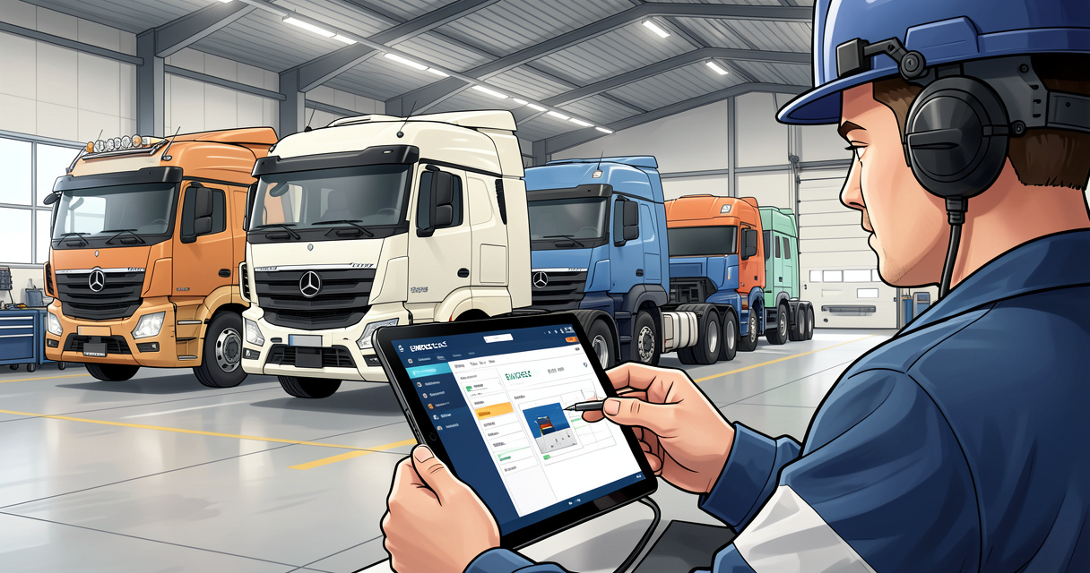 Application EMDECS sur tablette dans un atelier de maintenance de camions lourds