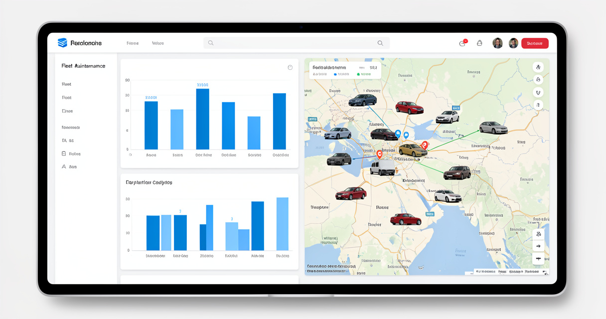 Tableau de bord de gestion de flotte avec indicateurs de maintenance et localisation