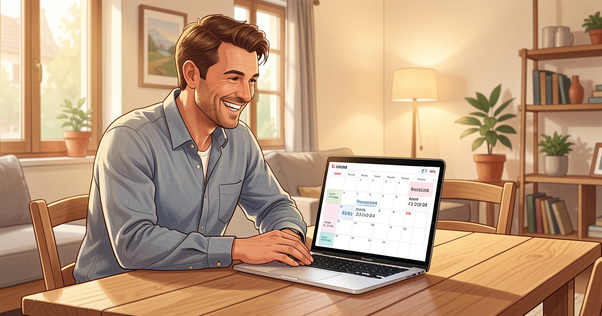 Hébergeur souriant consultant son planning Open Pro sur un ordinateur portable dans un gîte