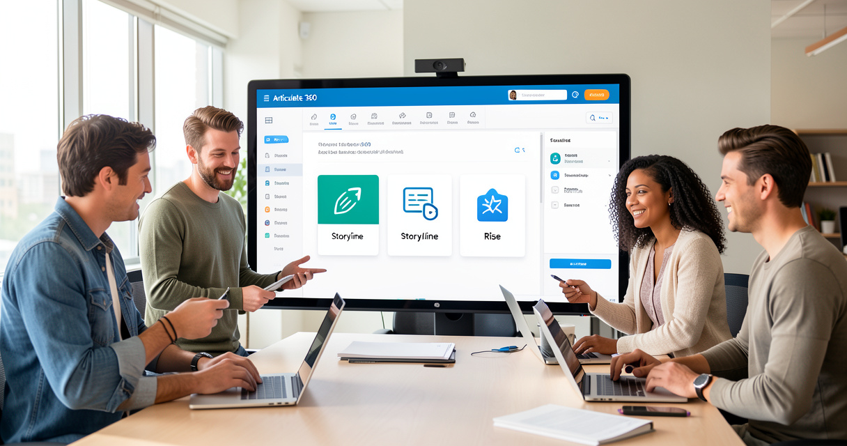 Équipe de concepteurs pédagogiques utilisant Articulate 360 dans un bureau moderne
