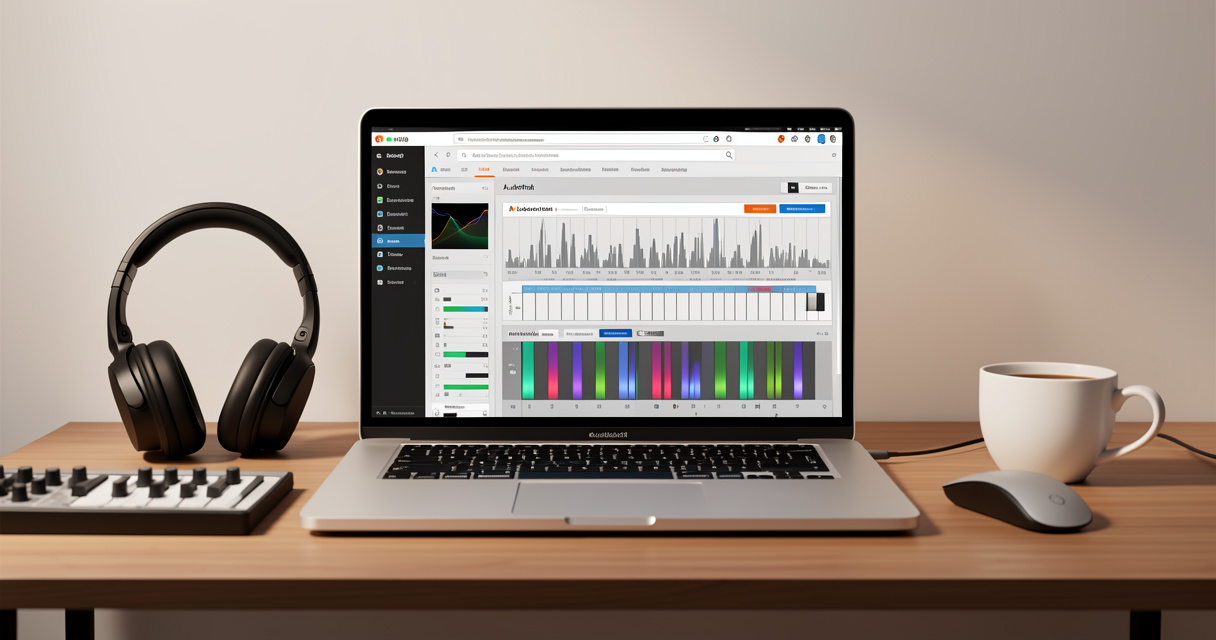 Interface du DAW Audiotool ouvert dans un navigateur sur un écran d'ordinateur avec matériel de studio