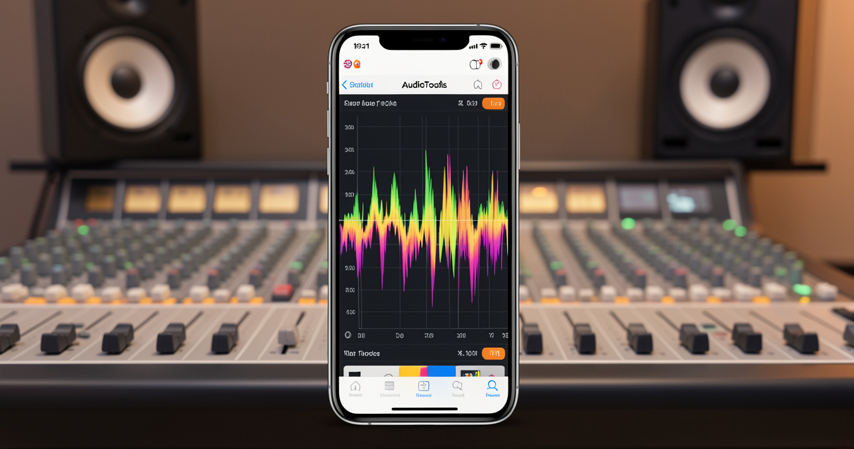 Application AudioTools sur iPhone affichant un analyseur de spectre en temps réel pour la mesure acoustique
