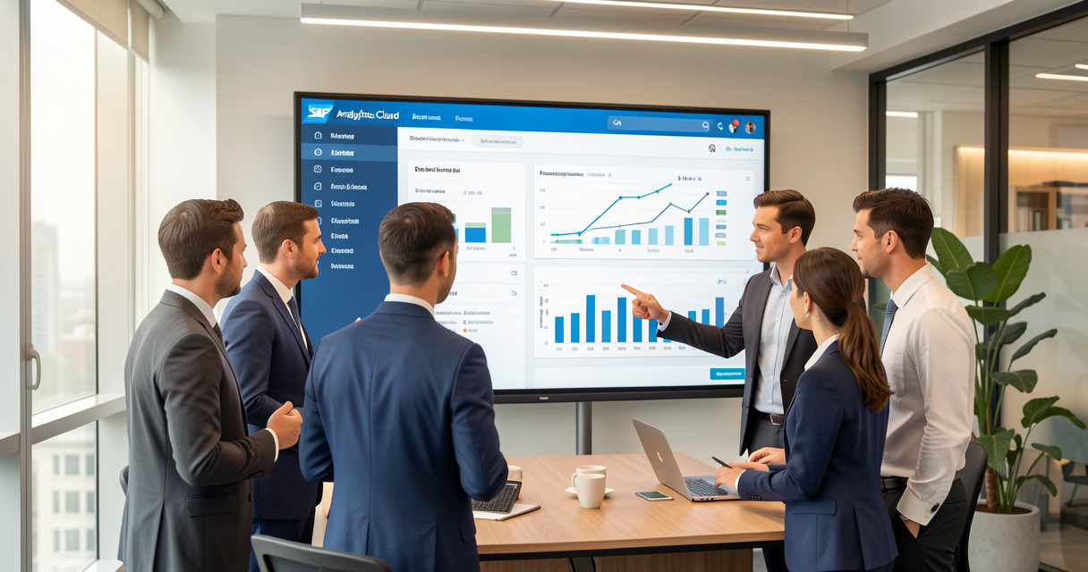 Équipe analysant un tableau de bord SAP Analytics Cloud dans une salle de réunion moderne