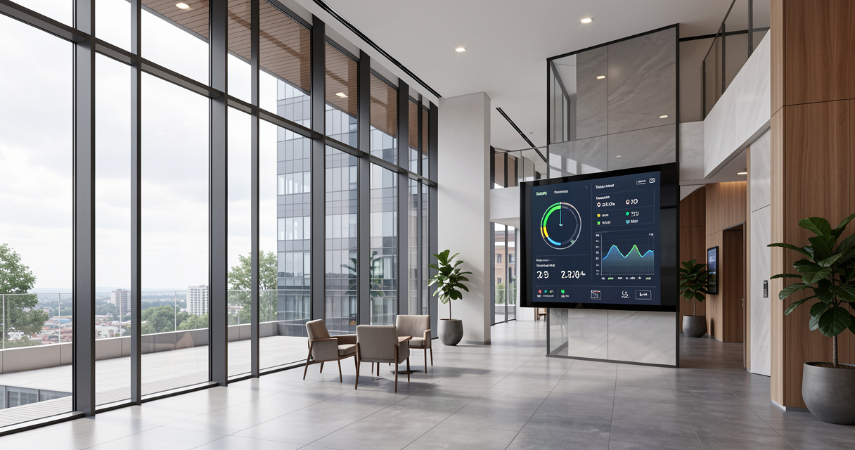 Bâtiment tertiaire moderne avec système d'optimisation énergétique AGRID