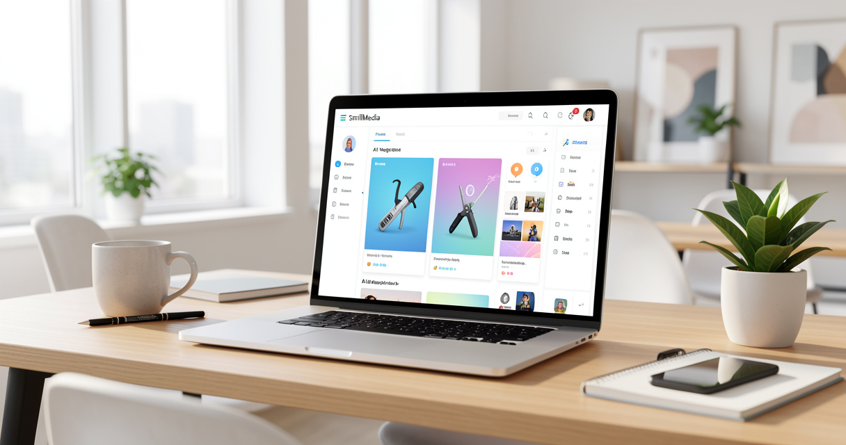Créateur de contenu utilisant SmiliMedia sur un ordinateur portable pour générer des clips viraux IA