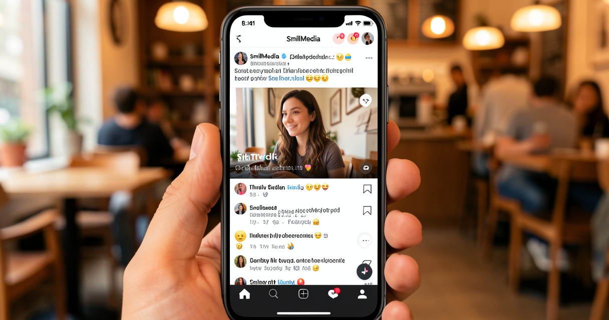 Téléphone affichant une vidéo TikTok créée avec SmiliMedia avec sous-titres et emojis dans un café
