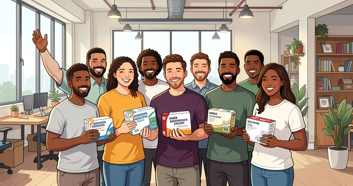 Equipe de distributeurs network marketing célébrant leurs résultats commerciaux