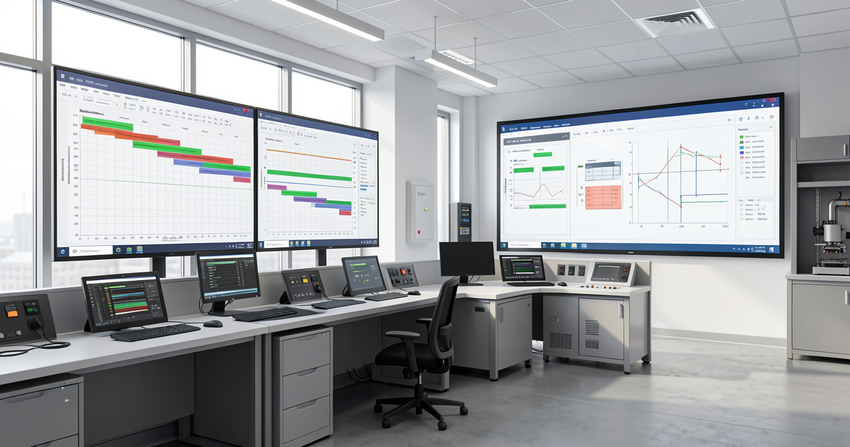Logiciel APS affiché sur écran dans un centre de contrôle de production industrielle moderne