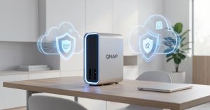 Serveur domestique NAS QNAP et icônes de protection des données en stockage réseau sécurisé