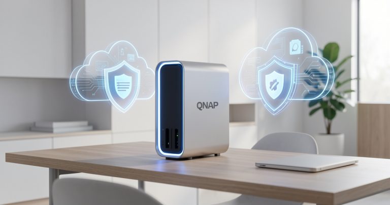 Serveur domestique NAS QNAP et icônes de protection des données en stockage réseau sécurisé