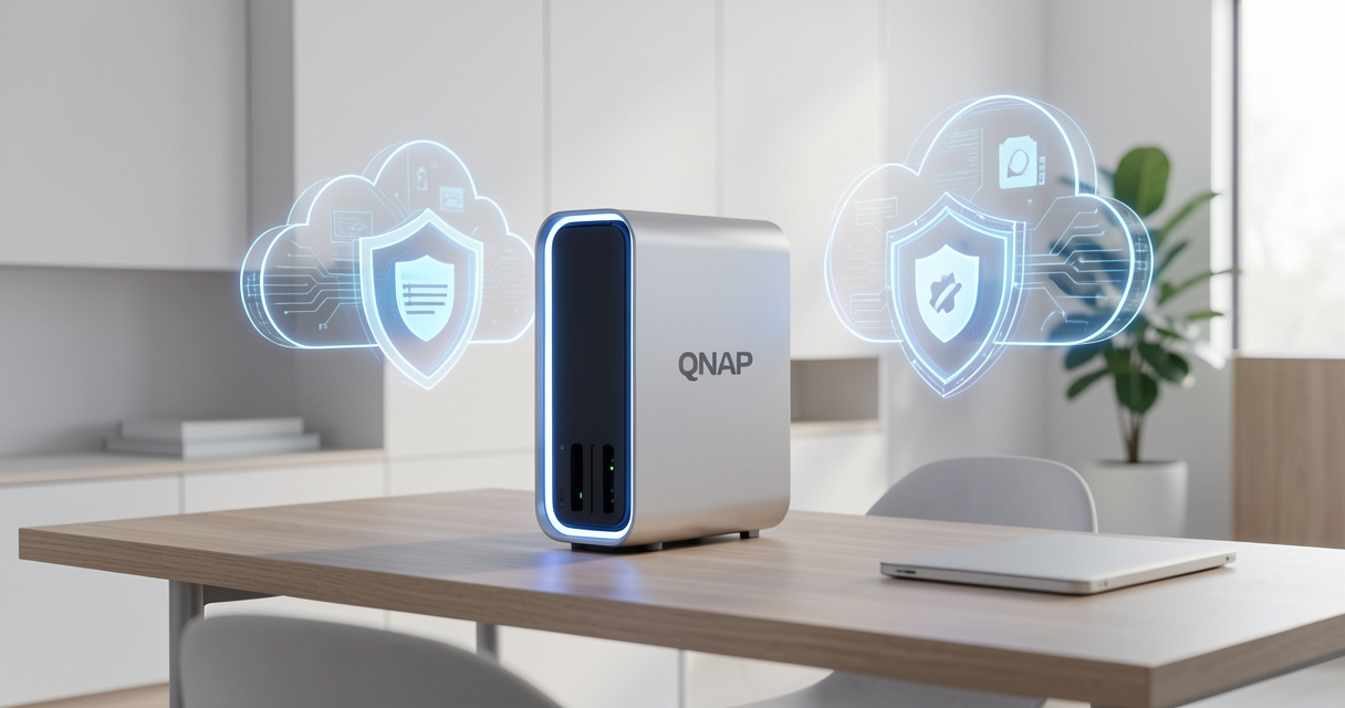 Serveur domestique NAS QNAP et icônes de protection des données en stockage réseau sécurisé