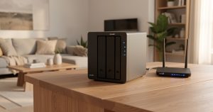 NAS QNAP 2 baies installé sur un bureau domestique connecté au réseau local