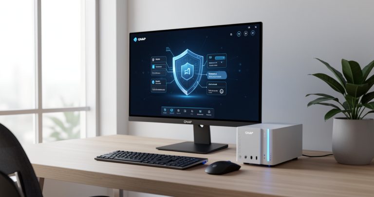 NAS QNAP domestique protégé par des sauvegardes et des réglages de cybersécurité.
