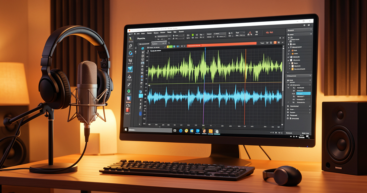 Créateur utilisant FakeYou pour une voix IA dans un studio d'enregistrement