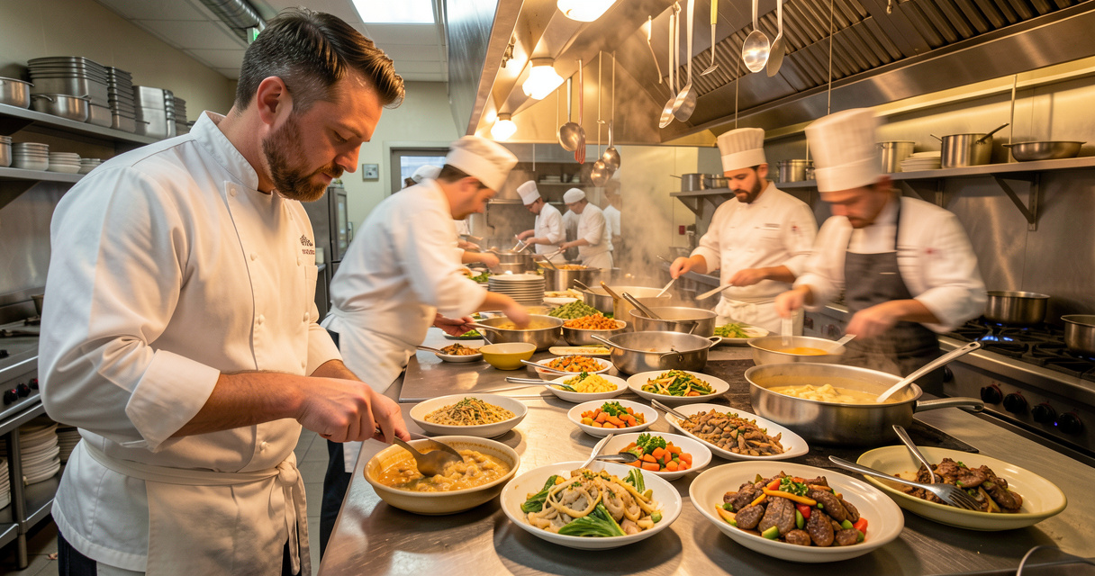 Chef en cuisine gérant plusieurs plats, métaphore des E/S concurrentes