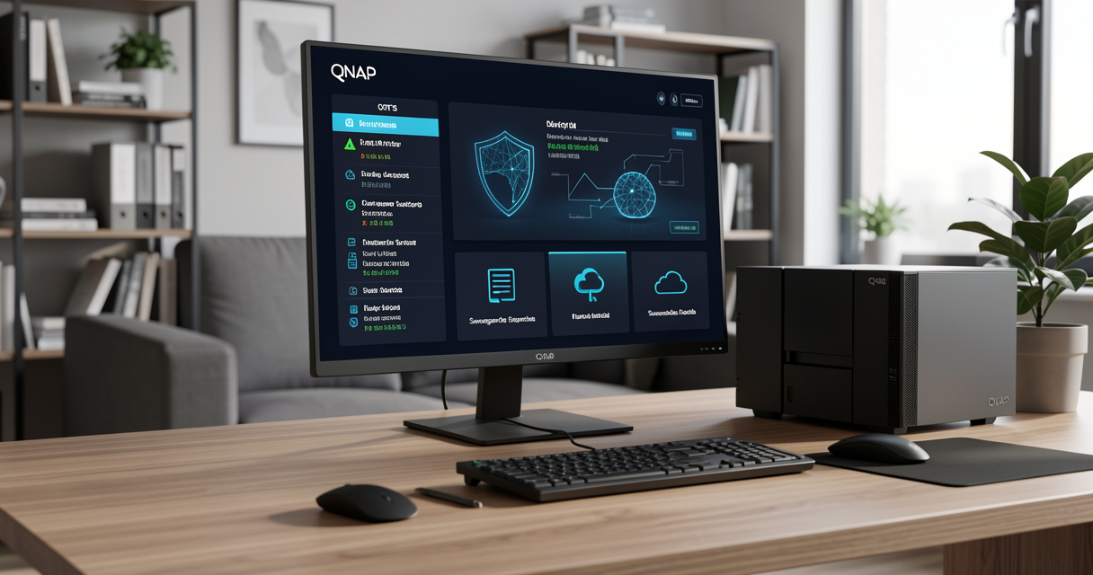 NAS QNAP affichant des alertes de sécurité QTS et une stratégie de sauvegarde.