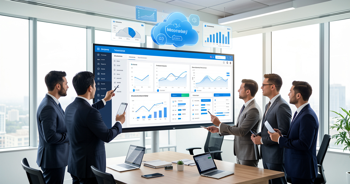 Dashboard d'une suite cloud d'entreprise affichant finances, RH et stocks réunis en temps réel