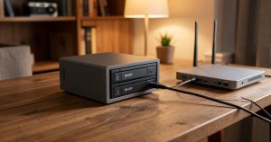 NAS QNAP deux baies installé sur un bureau connecté au réseau domestique