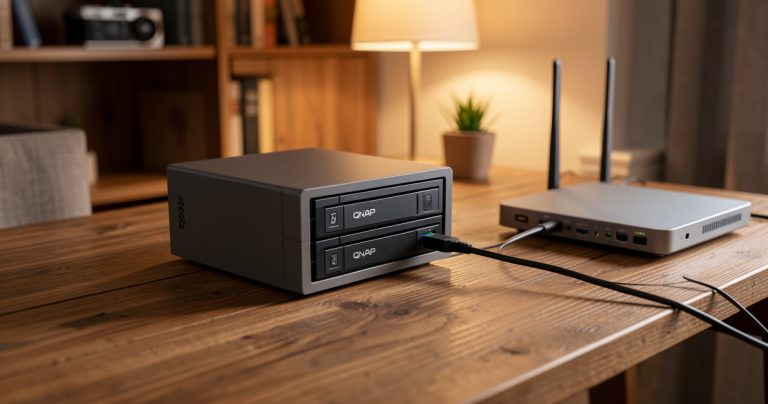 NAS QNAP deux baies installé sur un bureau connecté au réseau domestique