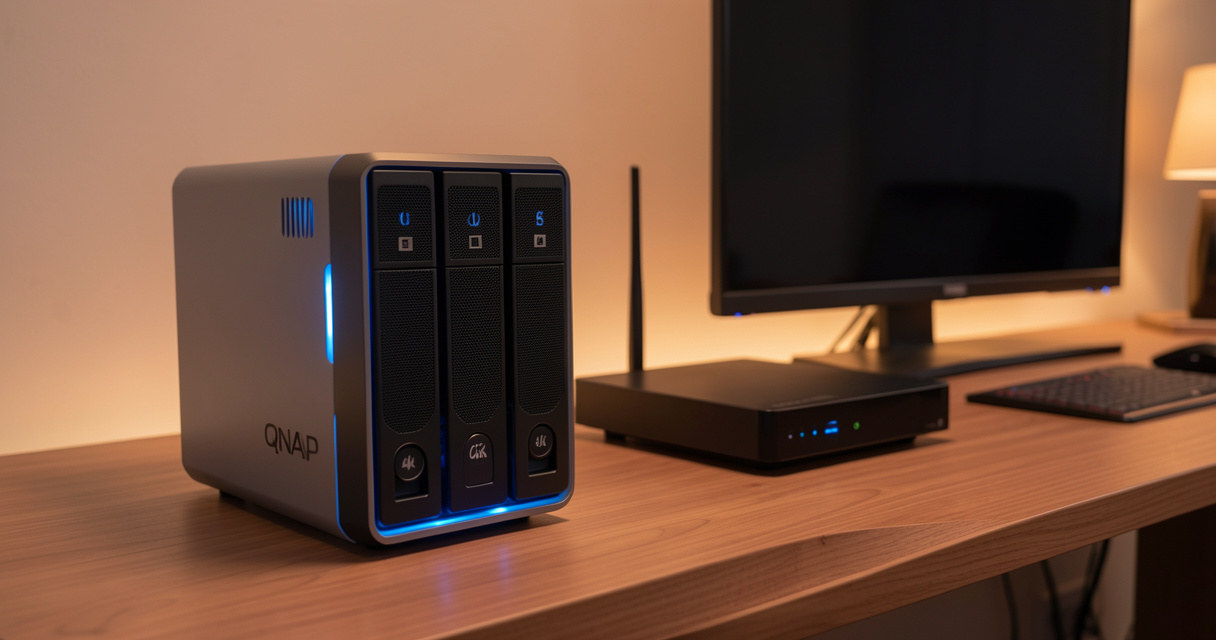 NAS QNAP 2 baies installe pres d un ecran de salon pour la diffusion multimedia