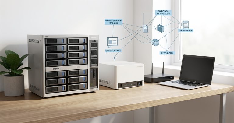 Comparaison visuelle entre un NAS quatre baies et un NAS deux baies évolutif sur un bureau domestique.